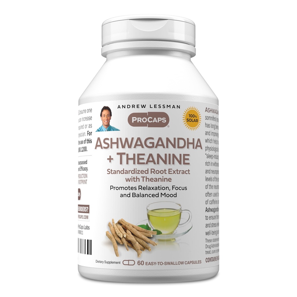 ANDREW LESSMAN Ashwagandha +テアニン60カプセル - 標準化されたエキス。 リラックス、フォーカス、バランスの取れた気分を促進します。 カプセルを飲みやすい小型