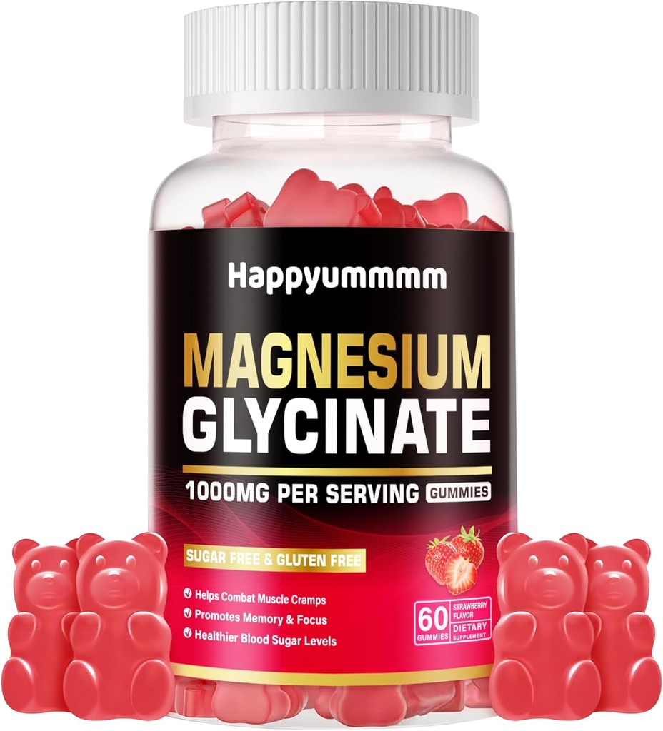 マグネシウムのGlycinateのガミー1000mg - 砂糖はビタミンD、B6、CQ10のCalmの気分及び睡眠サポート- 60のいちごのガミを補います。