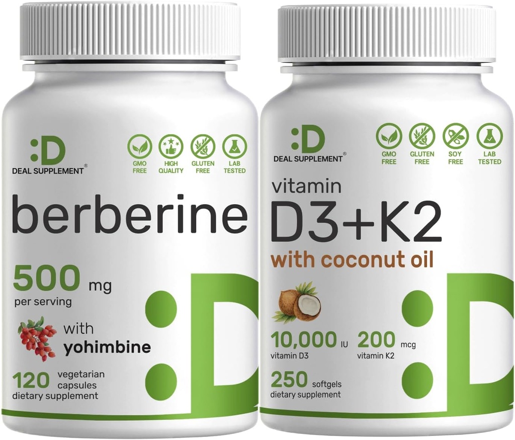 DEALの補足のビタミンD3 10000iu + K2 200mcg Softgels及びYhimbineの束が付いているBerberineの補足–ココナッツ オイルが付いている日曜日の精巣のビタミン–高い吸収の塩酸塩HClの形態