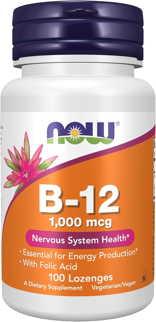 NOW Supplements, Vitamin B-12 1,000 mcg with Folic Acid, Nervous System Health*, 100 Chewable Lozenges