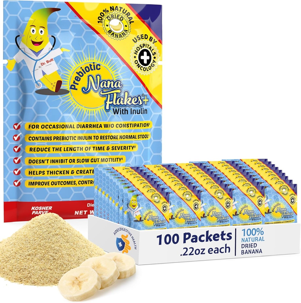 Prebiotic Nana Flakes 100% Pure Banana Flakes Medical Food Powder, Decrease Fat Intake & Natural Remedy for Diarrhea & Heart Burn - Great Source of Protein & Fiber - Single Serve (100 Packets)