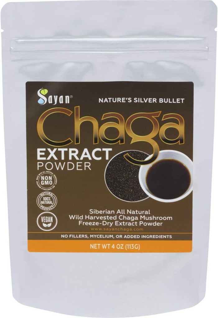 Sayan Chaga のきのこのエキスの粉 (4oz) - 凍結乾燥シベリアの野生収穫 - 有機免疫および消化サポートのための酸化防止茶 - 焦点、エネルギー、明度、ウェルネス - 添加物なし