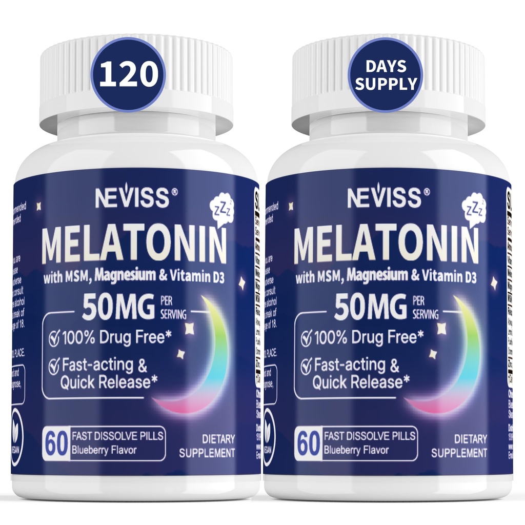 NEVISS Melatonin 大人のための50のmg - 余分強さ9イン-1の速い分解のSublingual -マグネシウムのGlycinate、ビタミンD3、Ashwagandhaのレモン バルム、カモミール、砂糖は、120のタブレットを解放しました
