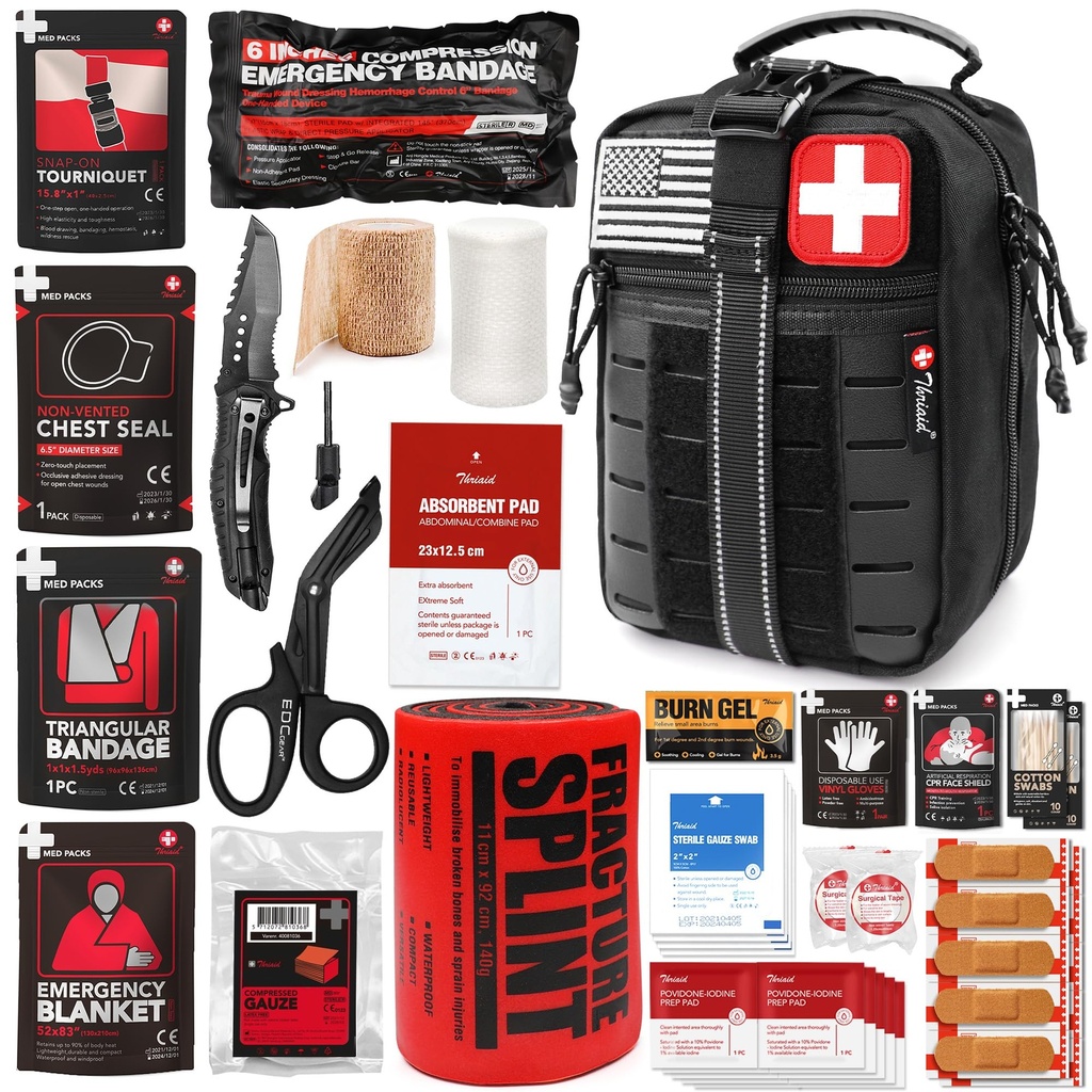 Survival First Aid Kit with Israeli Bandage, Chest Seal, Tourniquet, Splint, Tactical Military Combat Molle IFAK for Wound Care, Bleeding Control, Trauma Hemorrhage and More (Black)