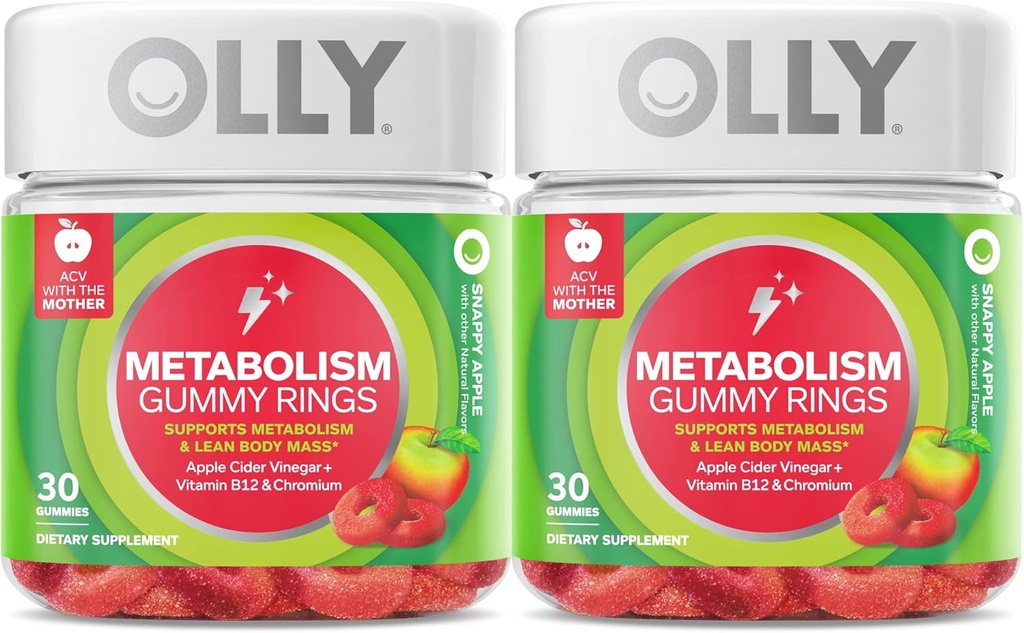 OLLYメタボリズムのおいしいリング、Apple Cider Vinegar、ビタミンB12、クロム、エネルギーおよび消化器の健康、Chewable補足、Appleの味、対のパック- 60の計算