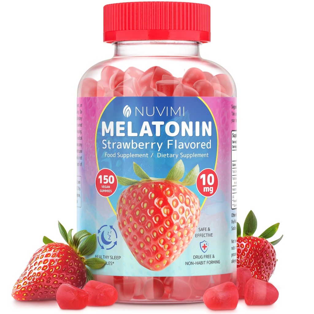 メラトニンガミー - 10 mg イチゴ風味の栄養補助食品サプリメントをサポート睡眠を助ける - 150 ビーガンガミー