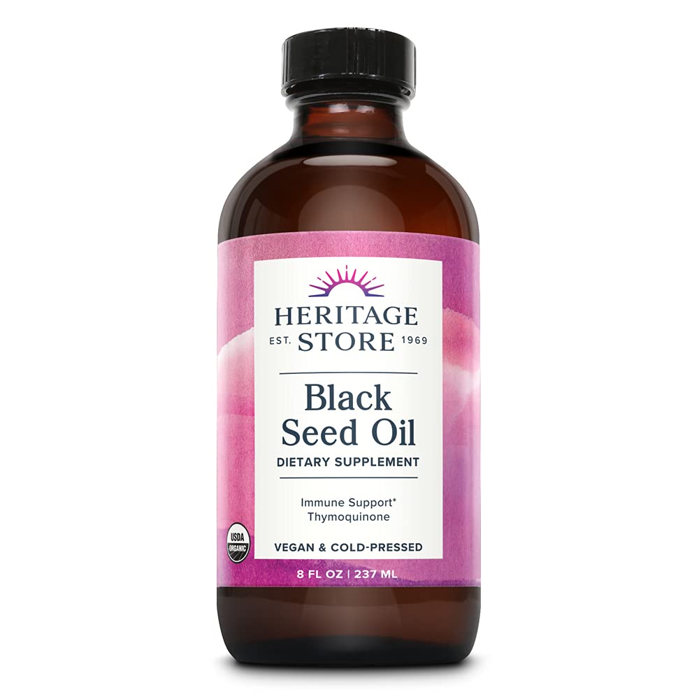 HERITAGE STORE Black Seed Oil, Organic, Cold Pressed Nigella Sativa Supplement with Thymoquinone, Omega 3 6 9, 酸化防止剤, 免疫, コレステロール, 消化器, 心臓 & 健康サポートに参加する*, ビーガン, 8oz