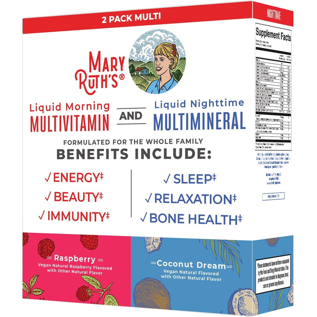 MaryRuth Organics Liquid Morning Multivitamin & Liquid Nighttime Multimineral Bundle, ビーガンビタミンC, ビタミンD, Bコンプレックス, マグネシウム, エネルギー, 美容, 睡眠サポート, メラトニンなし, 32 Fl Oz 各