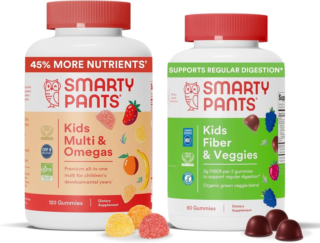 SmartyPantsキッズマルチビタミン+繊維&野菜バンドル:オメガ3フィッシュオイル、プレバイオティックファイバー、グルテンフリー、3フルーツ&ミックスベリーフレーバー、マルチ&オメガ(120カウント)+繊維&野菜(60カウント)