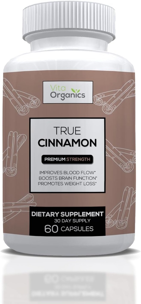 True Cinnamon Supplement, Sri Lanka Organic Ceylon Cinnamon Capsules, True Cinnamon Verum Bark, Sugar-Free - 60 Veggie Capsules