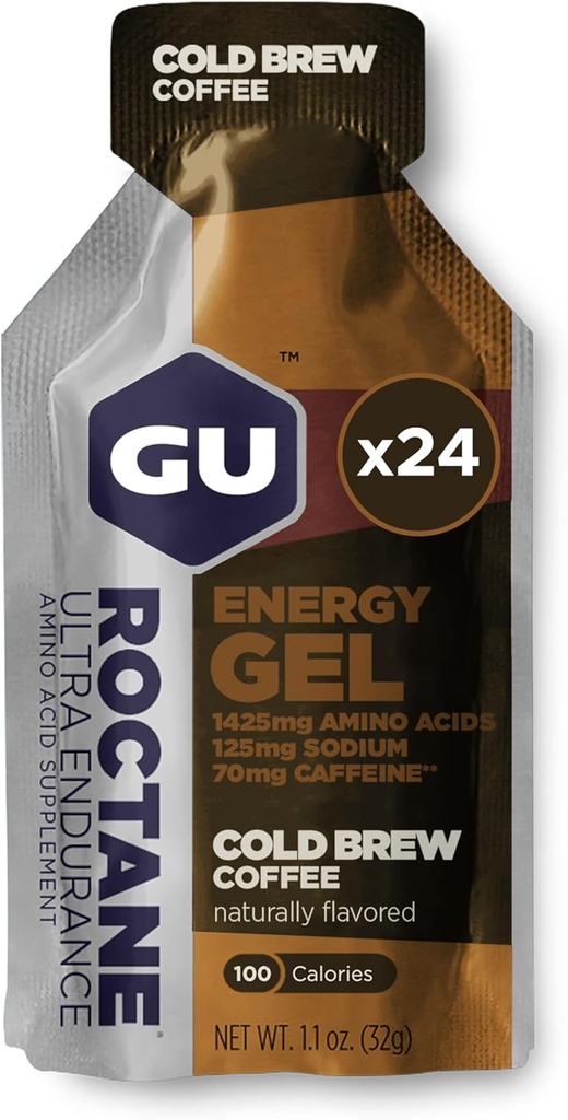 GU Energy Roctane Ultra Endurance Energy Gel, Vegan, Gluten-Free, Kosher, and Dairy-Free On-The-Go Sports Nutrition for Running, Biking, Hiking or Skiing, Cold Brew 2X Caffeine (24 Packets)