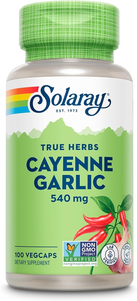 SOLARAY Cayenne Garlic 540 mg - カエンヌペッパーとカパサイシンとニンニクのサプリメント - 供給40,000ヒートユニット - 非GMOプロジェクト検証、ビーガン、60日保証 - 100サービング、100ベジキャップ