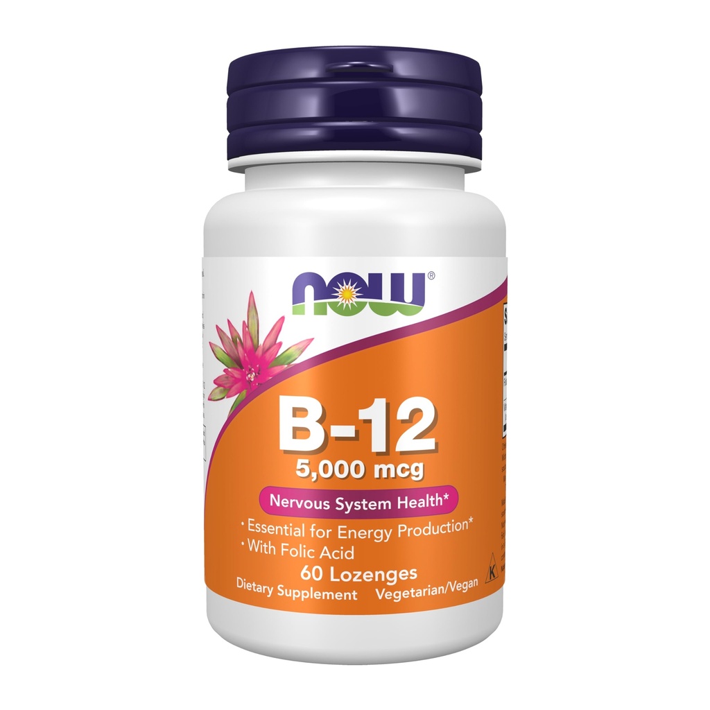 NOW食品は、ビタミンB-12 5,000 mcg、葉酸、神経系健康*、60 Lozengesを補います