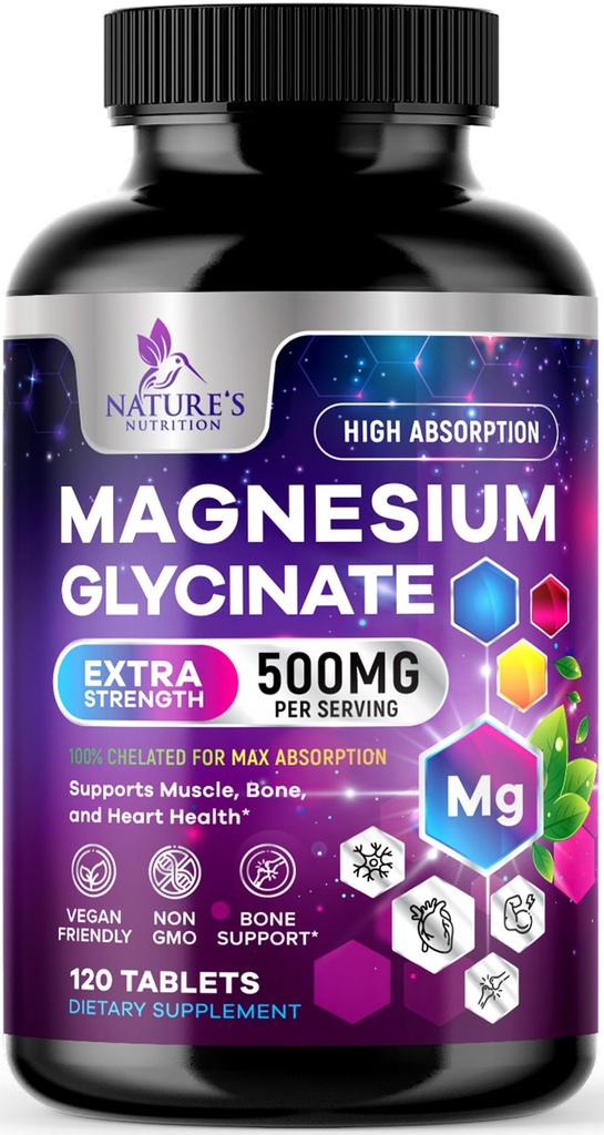 マグネシウムのGlycinate 500mg -超吸収のためにChelated -サポート骨、筋肉、Nerves及び中心の健康、性質の睡眠サポート、全ボディ サポートのための最もよいマグネシウムの補足の丸薬- 120のタブレット