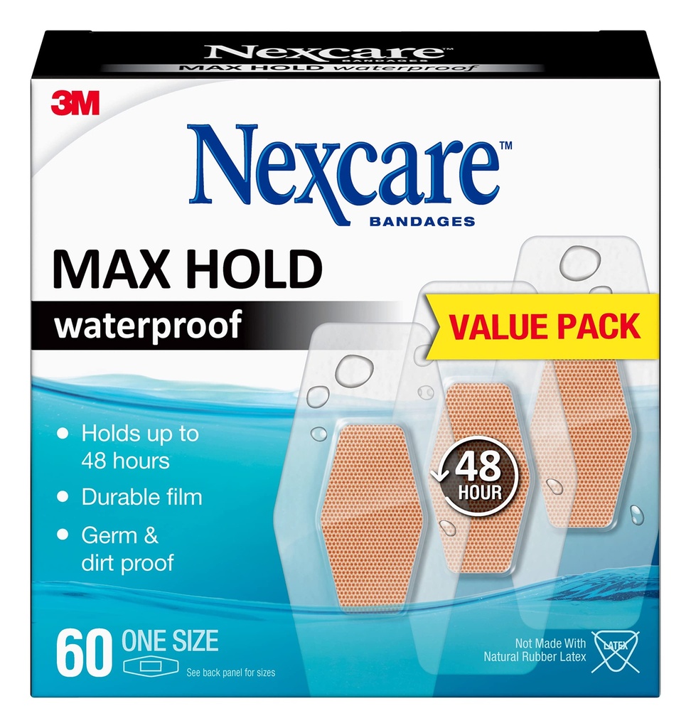Nexcare Max Hold Waterproof Bandages, Stays On for 48 Hours, Flexible Bandages for Fingers, Knees and Heels - 60 Pack Clear Waterproof Bandages
