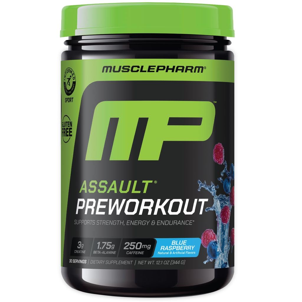 MusclePharm Assault男性と女性のためのプレワークアウトパウダー - Beta Alanine、カフェイン、クレアチン&ベタイン無水 - 30サービング、ブルーラズベリー味のプレワークアウトサプリメント