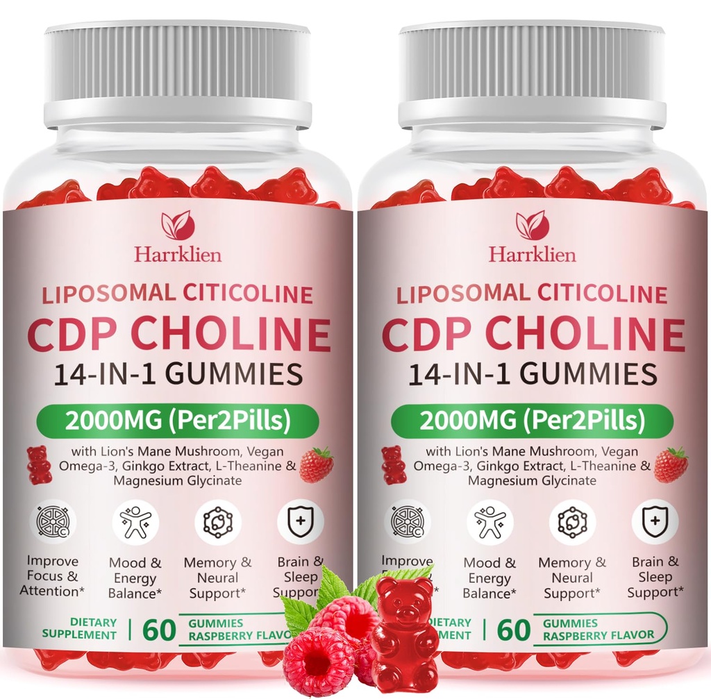 2 Packs 2000mg Liposomal Citicoline CDP Choline Gummies, Brain Supplement | With Phosphatidylcholine, Lion's Mane Mushroom, Omega-3, Folate, B6 & B12, Support Brain*, Memory & Focus for Adults & Kids