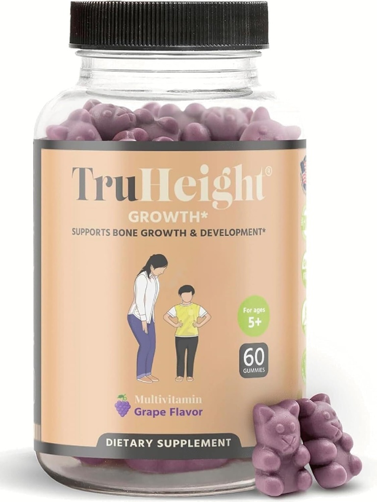 TruHeight Growth Gummies (Grape) Natural Growth & Development Supplement for Kids & Teens - Vitamin D, K, Calcium & Ashwagandha - Bone Strength Vitamins D3 K2 - Picky Eater Vitamin for Kids - Ages 5+