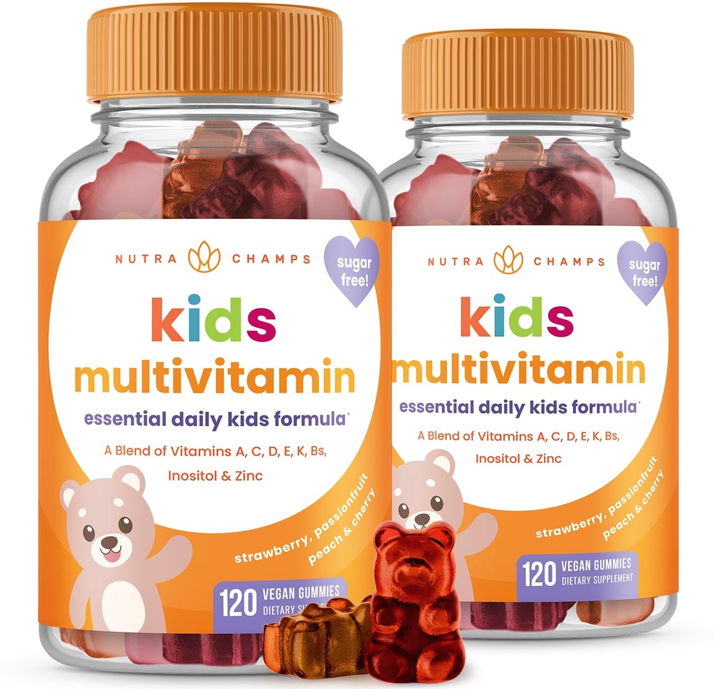 NutraChamps 120 子供のためのおいしいビタミン (パック 2), 砂糖無料キッズビタミンGummy Multivitamin, ビーガン&非GMO, イチゴ, パッションフルーツ, ピーチ & チェリー
