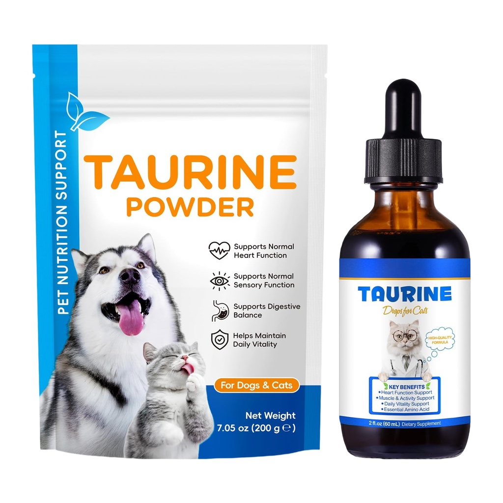 Taurine Drop + Powder Set for Cats & Dogs, Taurine Supplement for Eyesight, Heart, Muscle & Immune Support, Promotes Digestion & Absorption