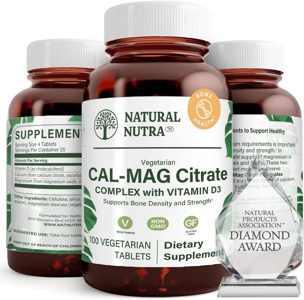 Natural Nutra Cal-Mag Citrate with Vitamin D3,1000/500 mg Complex, Strengthen Bone Density, Muscle and Nerve Health, Help Maintain Healthy Teeth, Highly Bioavailable Sources, 100 Vegan Tablets