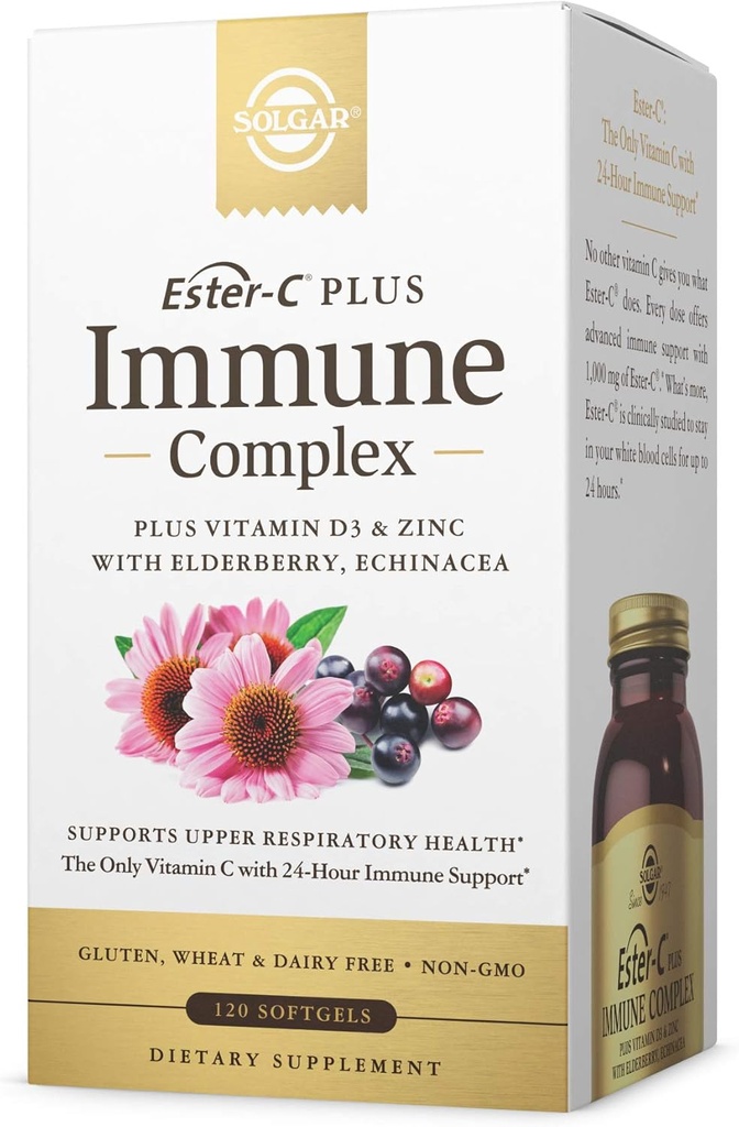 Solgar Ester-C Plus 免疫コンプレックス -120 Softgels、24Hour Immune サポート、サポート アッパー呼吸器の健康 - プラスD3、亜鉛、エルダーベリー&エキナセア - 非GMO、グルテンフリー、乳製品無料 - 60のサービング、