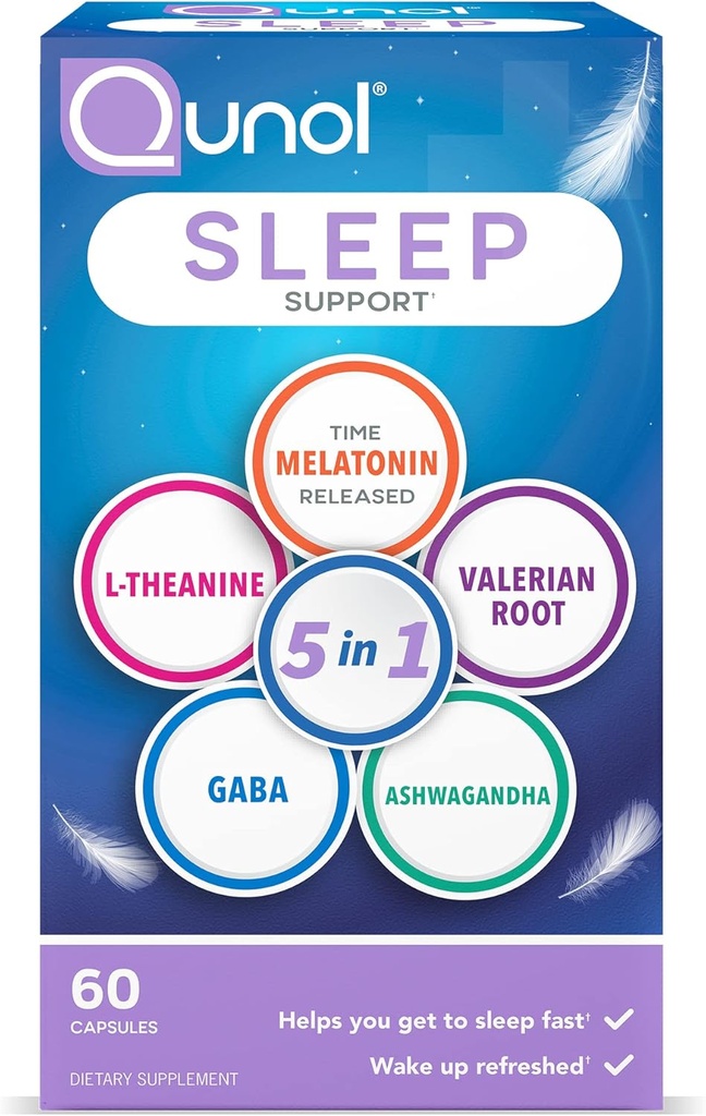 Qunol Sleep Support, 5 in 1 Non-Habit 睡眠補助金, タイムリリースのMelatonin 5mgのサプリメント, Ashwagandha, GABA, Valerian Root, L-Theanine, 60ctカプセル