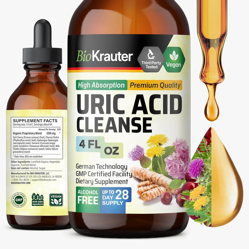 BIO KRAUTER Uric Acid Support Tincture - Natural Kidney Supplement w/Tart Cherry, Milk Thistle, Turmeric Herbal Liquid Extracts - Vegan Drops 4 Fl.Oz.
