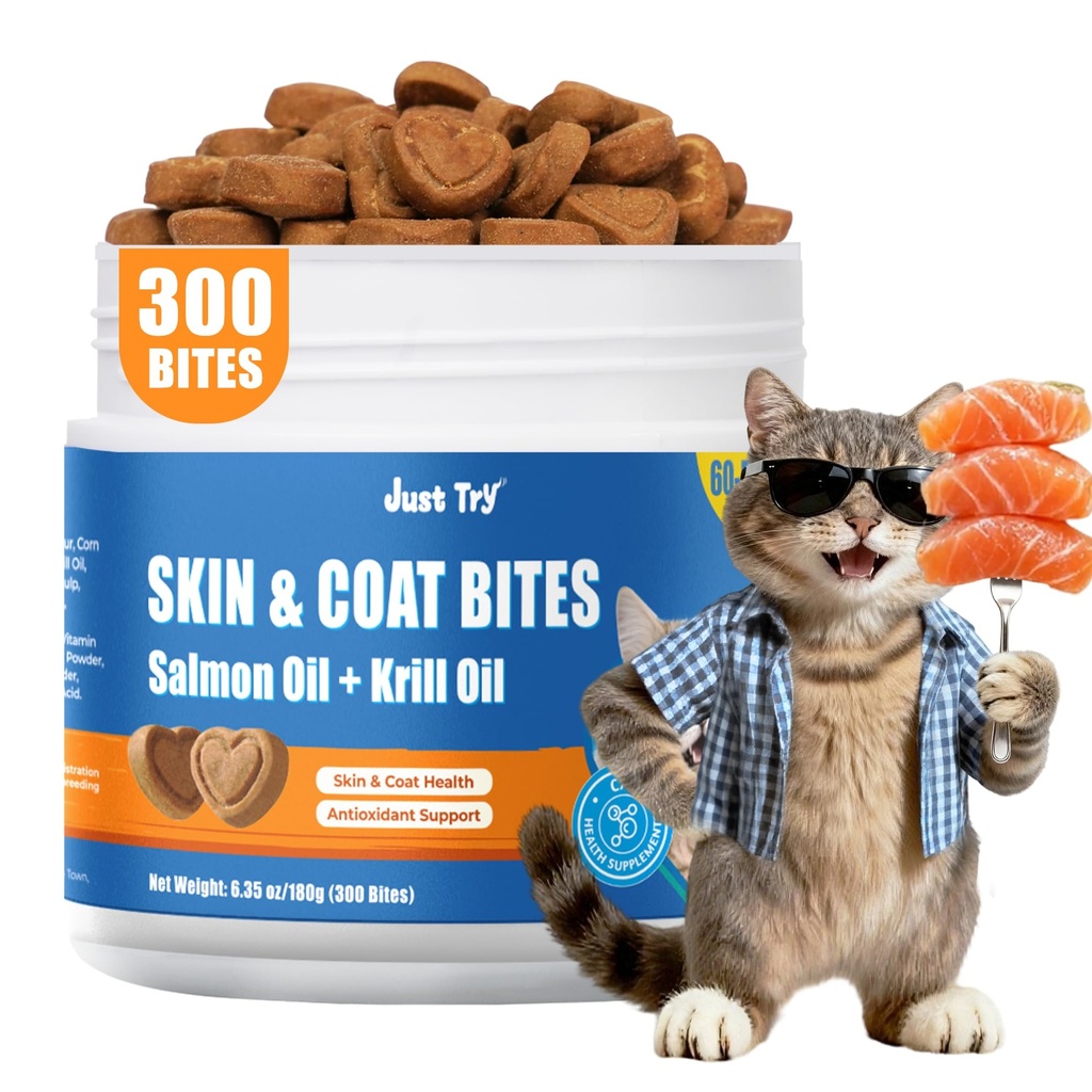 300 Bites Skin and Coat Healthy Cat Vitamins for Indoor Cats Omega 3 for Cats Salmon Oil Supplements- Cat Itchy Skin Relief | salmon oil Omega-3, itchy dry skin relief, shiny soft coat,feline shedding control,vitamins for indoor cats