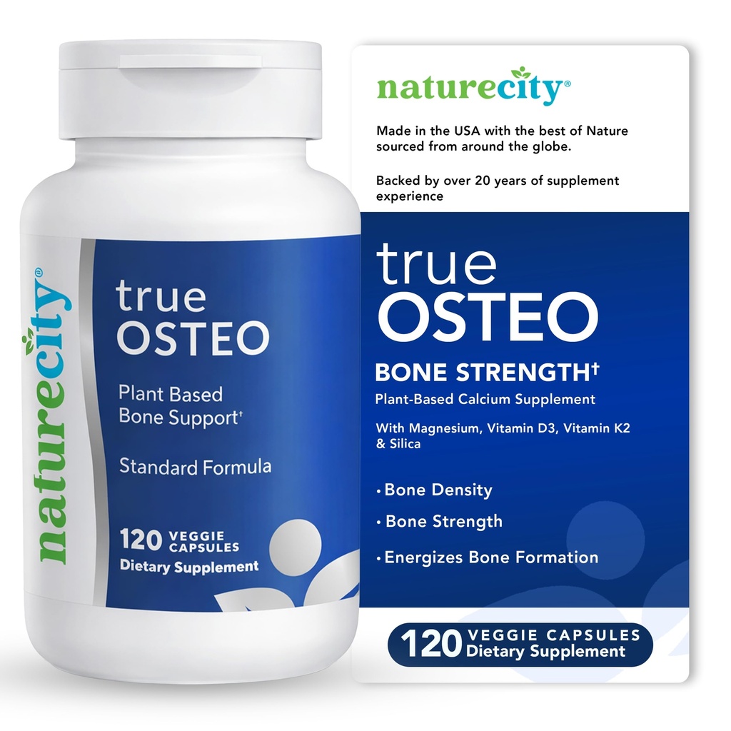 NatureCity True-Osteo プラントベース 骨強度用サプリメント | AlgaeCal カルシウム&マグネシウム、植物由来ビタミンD3、ビタミンK2、シリコン|胃の亀裂(120ベジーカプセル)