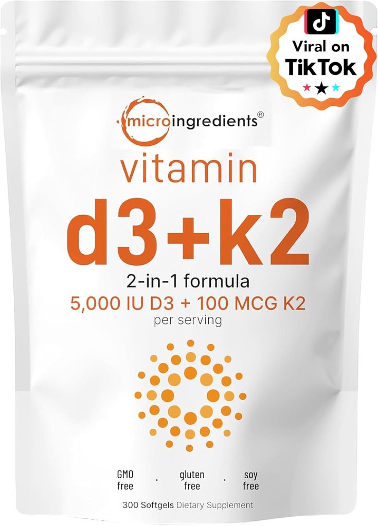 マイクロ成分 ビタミンD3 5,000 IU + K2 MK-7 100 mcg、300 Softgels | 2-in-1 Bone、免疫&ハートサポート | 飲みやすい、非GMO