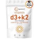 マイクロ成分ビタミンD3 5,000 IU + K2 MK-7 100 mcg、300 Softgels | 2-in-1ビタミンD&Kコンプレックス | 余分な強度、飲みやすい、非GMO、グルテンフリー