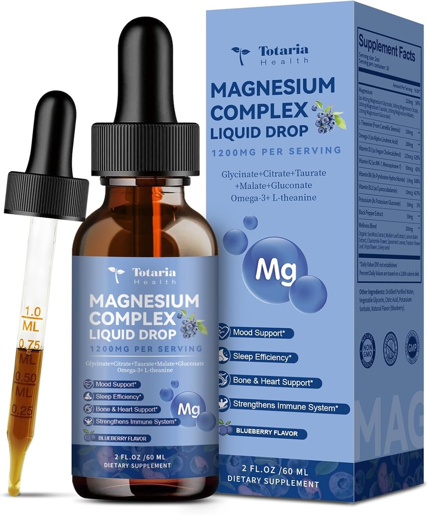 ビタミンD3、K2、B6及びB12の1つのマグネシウムのGlycinateの複雑な液体の低下の21つ+ L-Theanine Omega-3のエネルギー、皮、接合箇所、Heartの健康の砂糖の自由なブルーベリーの味、2 Fl Oz