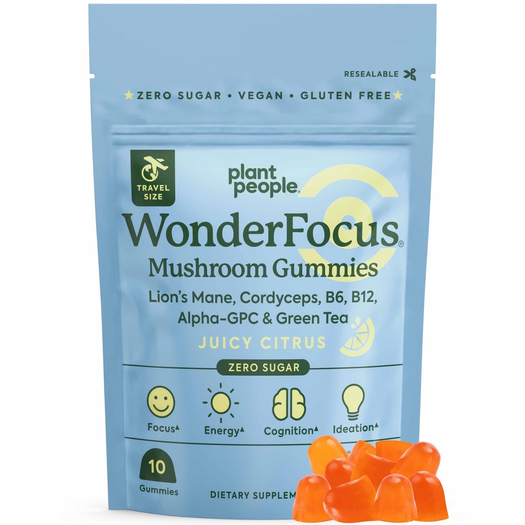 植物の人々 WonderFocus のきのこのグミー ライオンのマネ&コルディプス Nootropic 脳の補足とミニ ブースト メモリ フォーカス エネルギー & 大人で気分 砂糖 100% ビーガン 柑橘類 試用サイズ