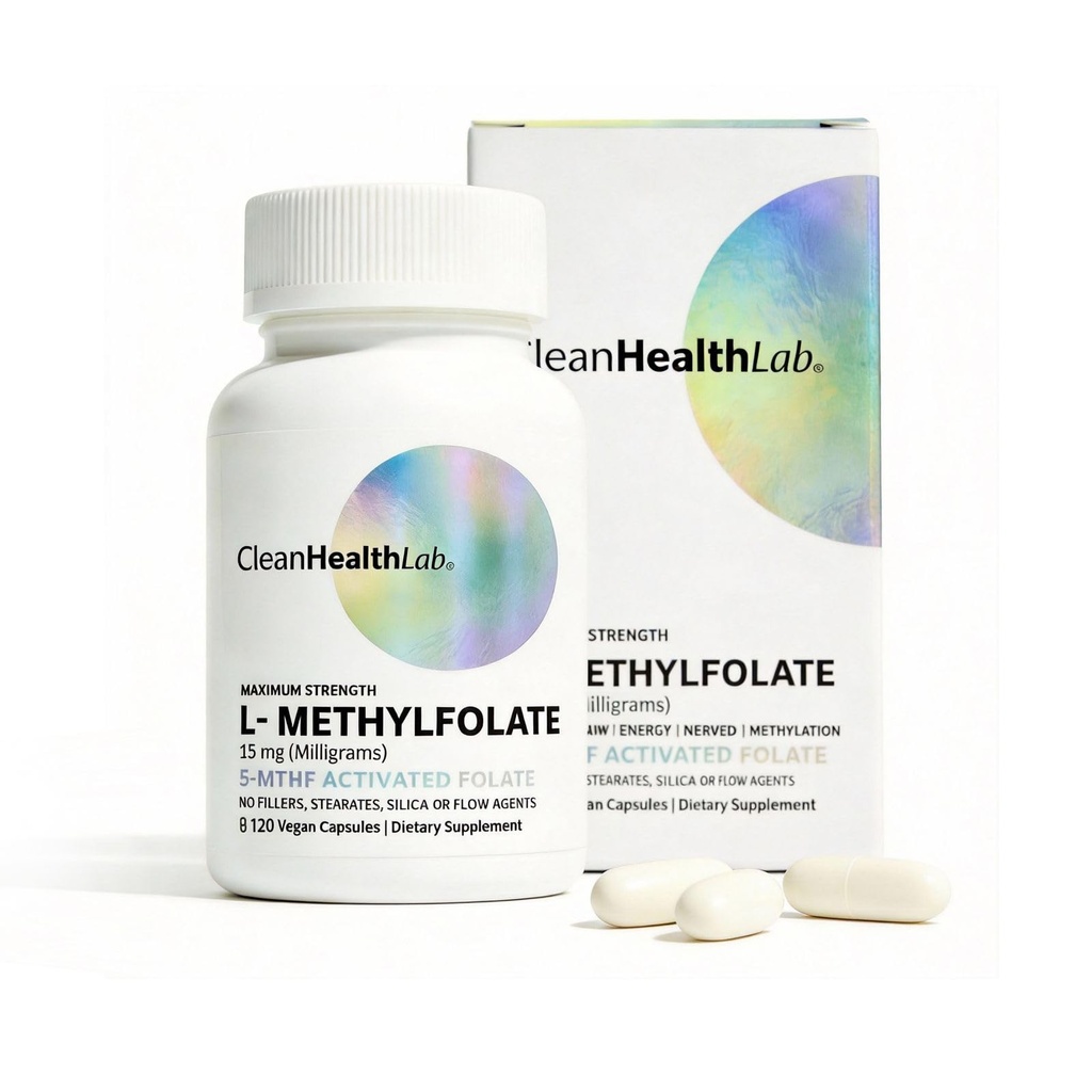 CleanHealthLab L-Methylfolate 15mg, 5-MTHF Active Folate - Maximum Potency Methylated Vitamin B9 Supplement - Support for Brain Health, Energy, Nerves, and Methylation with No Fillers (120 Count)