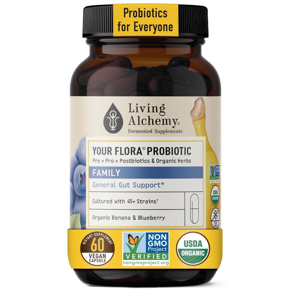 あなたのFlora Probioticファミリー - 発酵大豆、バナナ、&ダイジェクション&ガットサポートのためのブルーベリーと非GMOプロバイオティクス - プレバイオティクス、ポストバイオティクス、消化酵素 - リビング錬金術、60カプセル