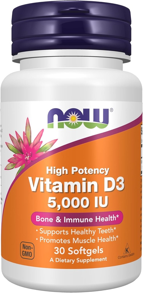 NOWサプリメント、ビタミンD3 5,000 IU、高効力、構造サポート*、30 Softgels