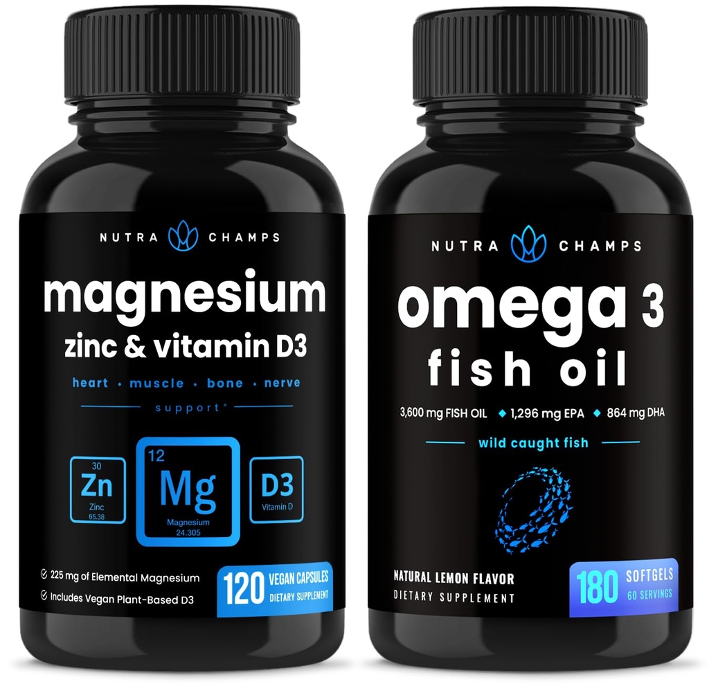 NutraChampsのマグネシウム亜鉛及びビタミンD3のカプセルおよびオメガ3の魚油のカプセル2のパックの束