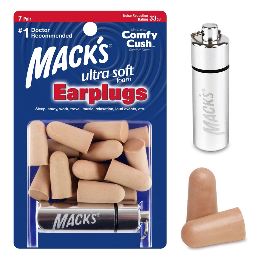 Mack’s Ultra Soft Foam Earplugs, 7 Pair + Case – 33 dB Highest NRR, Comfortable Ear Plugs for Sleeping, Snoring, Travel, Concerts, Studying and Noise