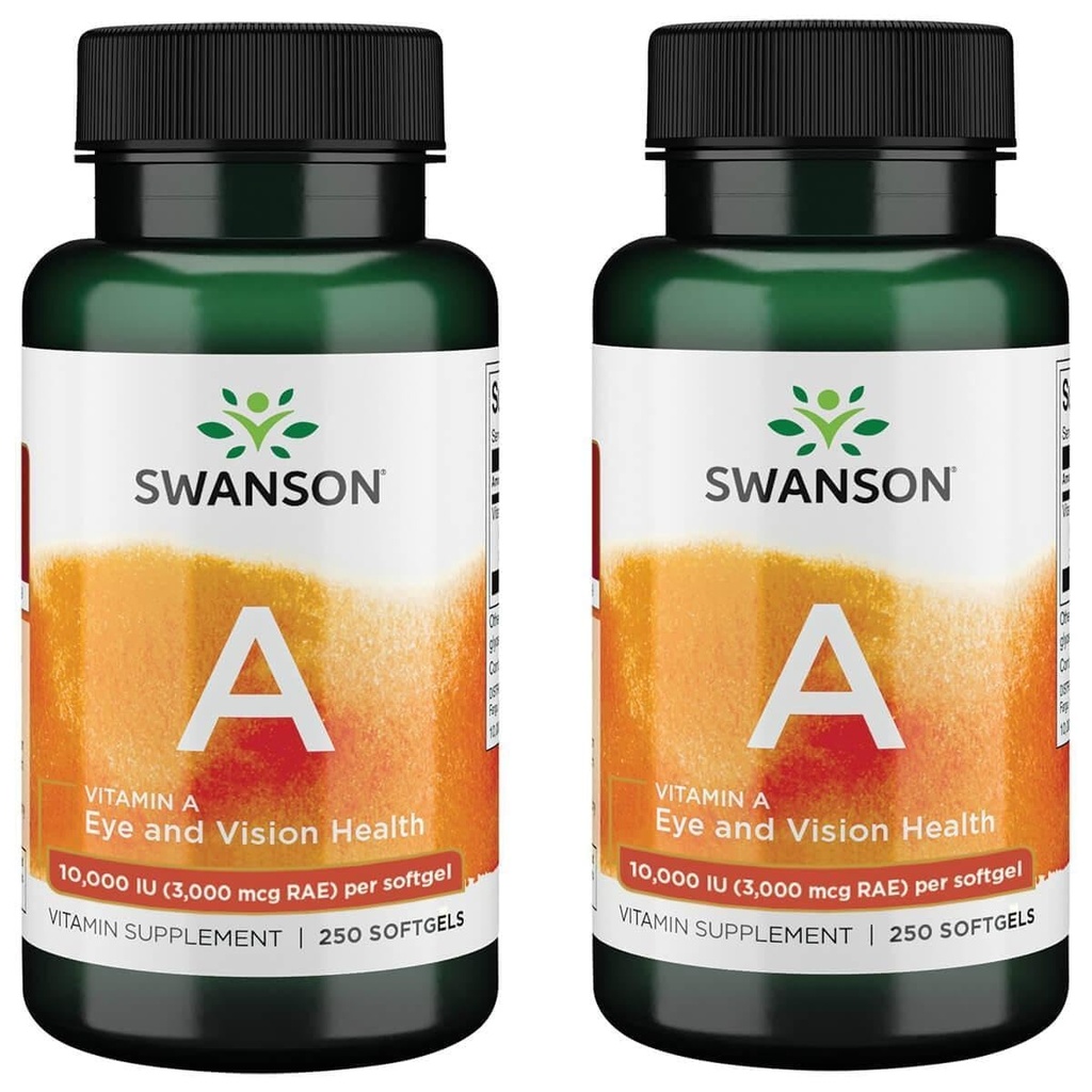 スワンソンビタミンA 10,000 IU (3,000 mcg RAE) 骨、皮膚の健康、視野サポートおよび免疫システム機能のための自然な栄養 - 高吸収ビタミンA 250 Softgels (2パック)