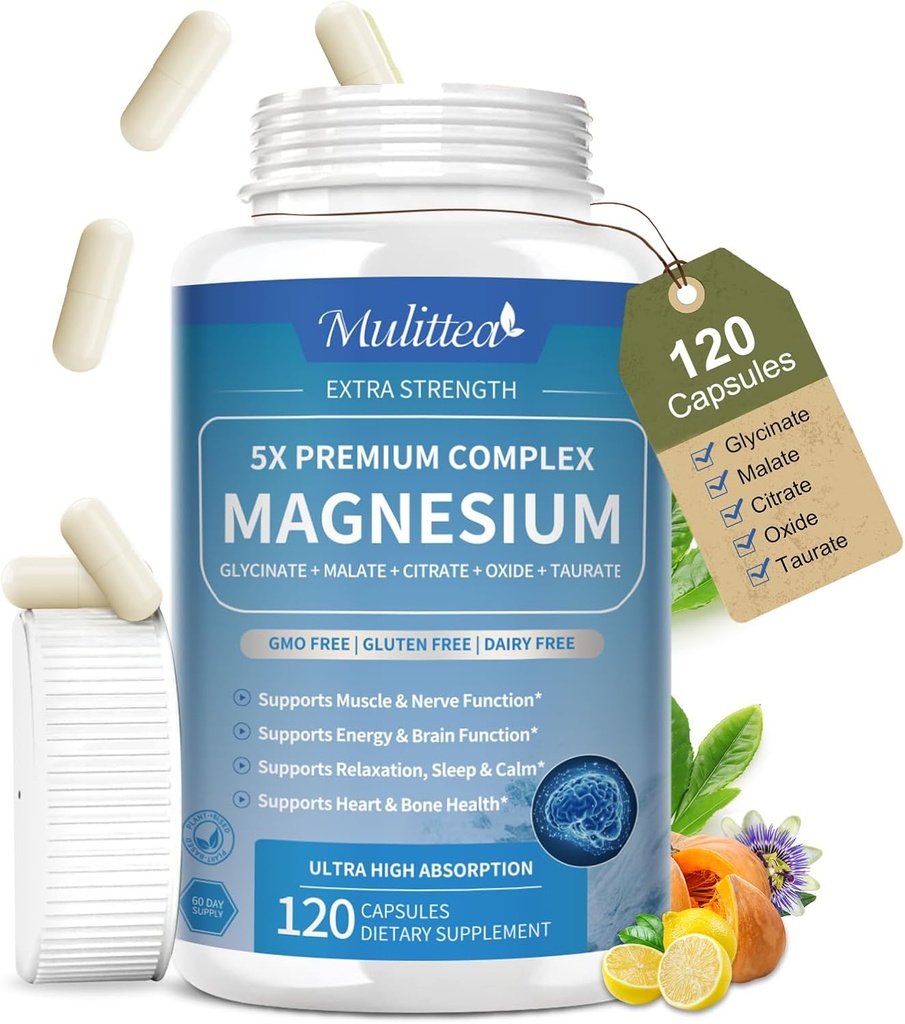Magnesium Complex Chelated Magnesium Glycinate w/Malate, Taurate& Herbal Extracts for Support Sleep, Muscle,Cortisol & Heart Health, Gluten Free, Vegan, Non GMO, High Absorption,120 Capsules