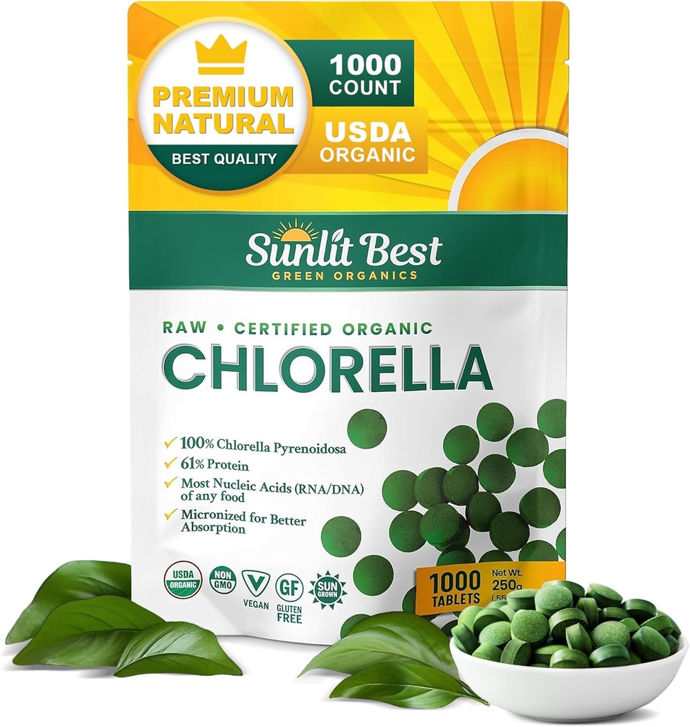 Sunlit Best USDA Organic Premium Chlorella Tablets 1000 Count | 100% Pure Chlorella Superfood Supplement High in Protein, Chlorophyll, Vitamins, & Minerals | Supports Good Health, Wellbeing