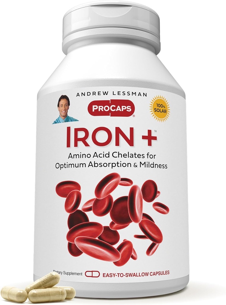 ANDREW LESSMAN Iron Plus 360 Capsules - 18mg Iron, 100% Pure Amino Acid Chelated Iron (Glycinate, Aspartate), Plus Vitamin C for Increased Absorption, Small, Easy to Swallow Capsules, No Additives
