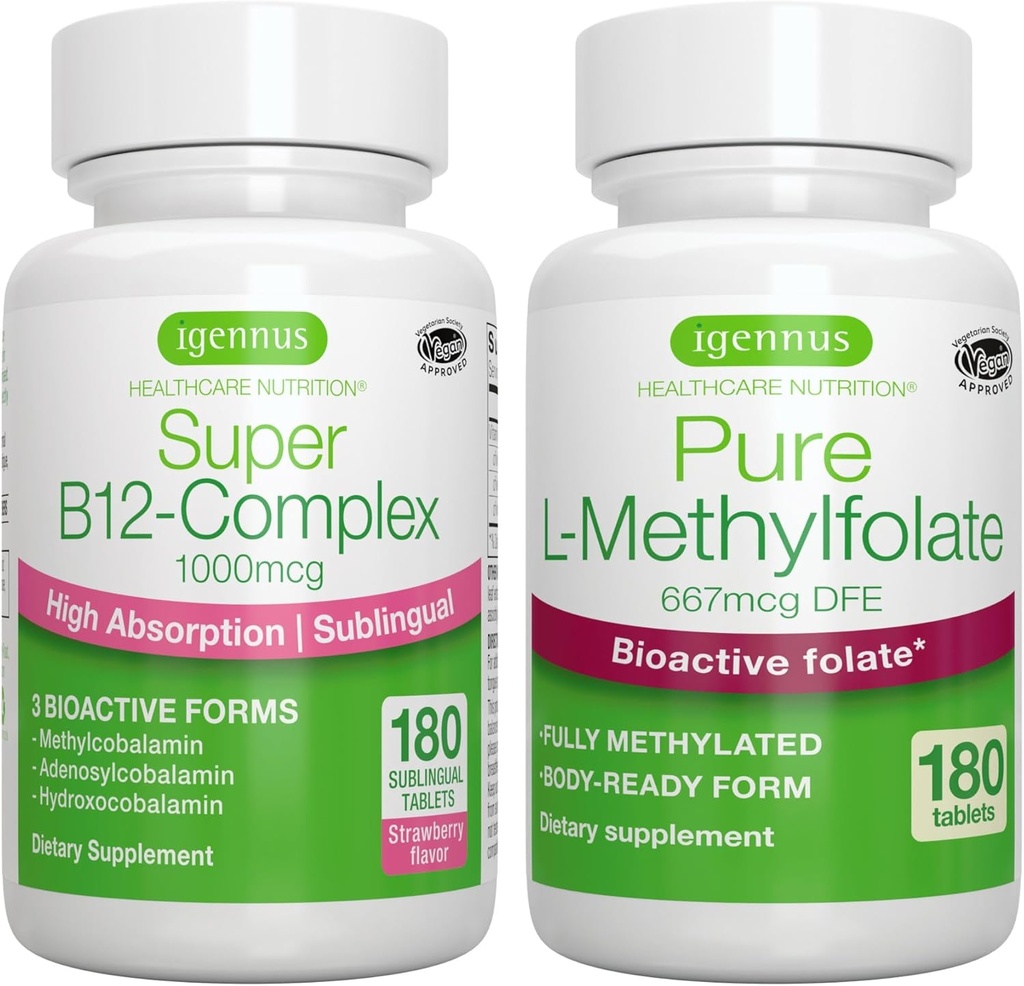 極度のB12コンプレックス1000mcg +純粋な Folate 400mcgのビーガン 束、Methylcobalamin、Adenosylcobalamin及びhydroxocobalamin +によって最大限に活用されたL-Methylfolate、Igennusによる高い吸収のSublingualビタミンB12