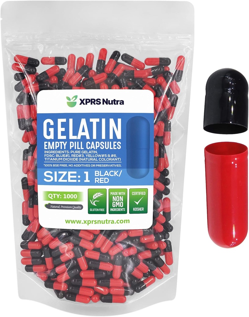XPRSのNutraのサイズ1の空のカプセル- 1000の計算は空のゼラチンのカプセルを着色しました-Pill DIYの補足のカプセルの詰物-D-It-Yourselfの補足のための満たされた色のゲルの帽子の丸薬(黒/赤)