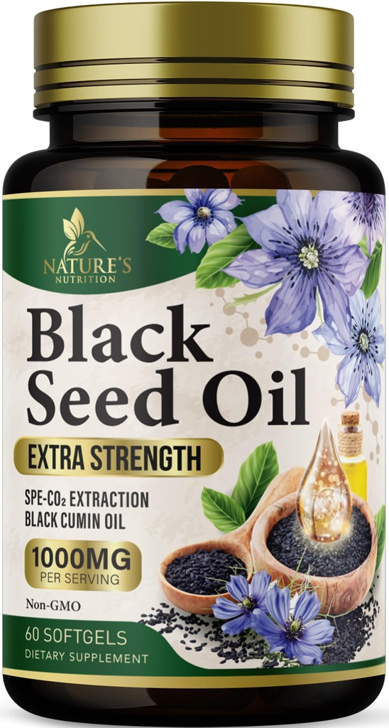 ブラックシードオイルSoftgels 1000mg - プレミアムニゲラサティバブラックシード、皮膚&免疫サポートのための純粋な天然黒カミンシードオイル&抗酸化剤 - 非GMO、米国サプリメントでボトル入り - 60Softgels