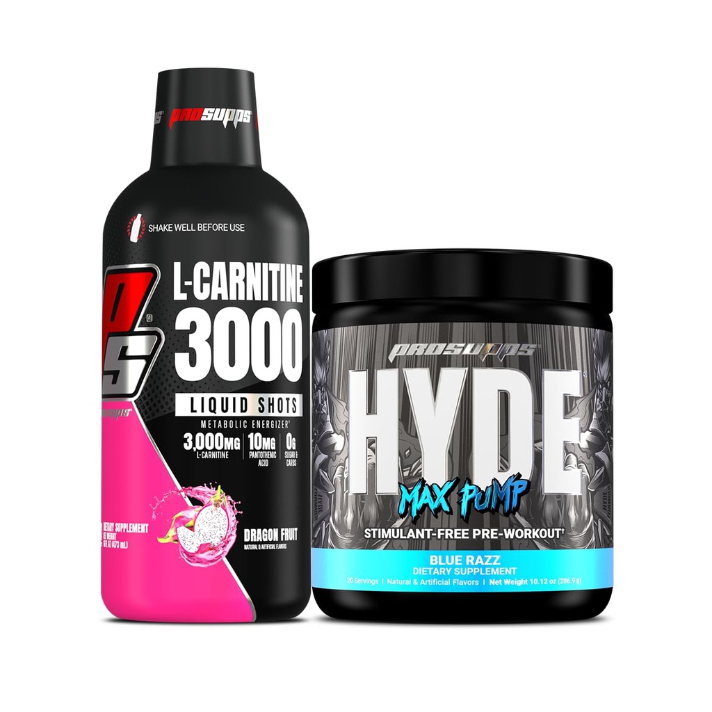 PROSUPPS L-カルニチン3000興奮剤フリー液体ショット(31サービング、ドラゴンフルーツ)と男性と女性のためのハイドマックスポンププレワークアウト(20サービング、ブルーレイズ)バンドル