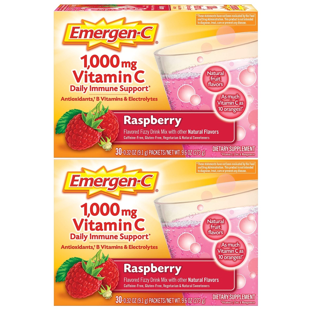 Emergen-C 1000mgビタミンCパウダー、抗酸化剤、ビタミンB、電解液、ビタミンCサプリメント免疫サポート、カフェインフリードリンクミックス、ラズベリー味 - 60 / 2ヶ月の供給