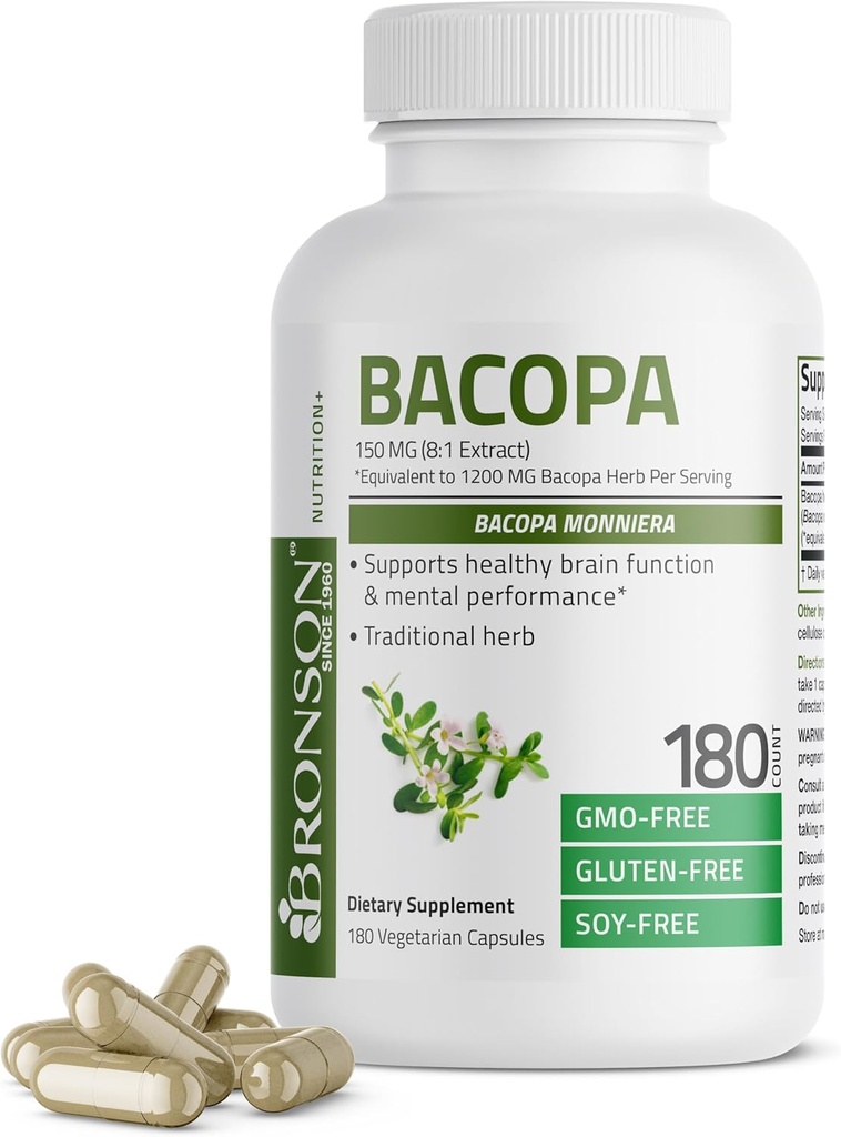 Bronson Bacopa Supports Healthy Brain Function and Mental Performance, Traditional Herb, Non-GMO, 180 Vegetarian Capsules