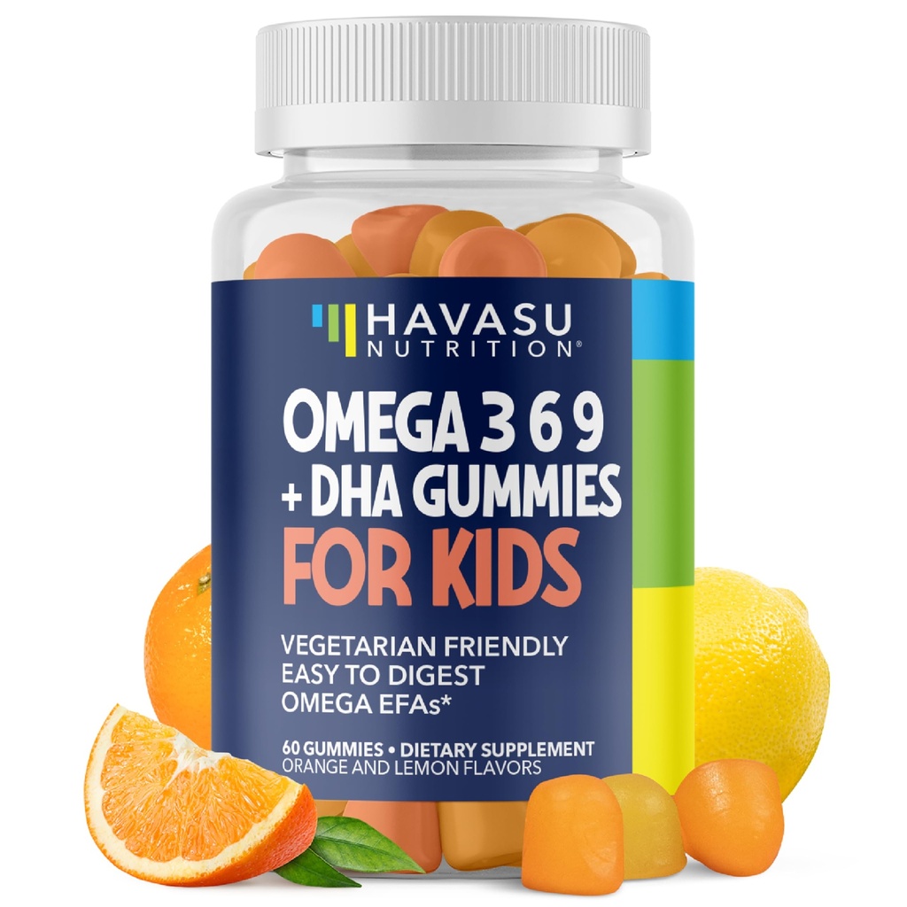 Omega 3 6 9 + 子供のためのDHAグミー - ベジタリアン、DHAと子供2 +のためのEPAと植物ベースの魚油 - 体と脳開発をサポートするために - 魚の味 - レモンとオレンジ色の味 - 60カウント